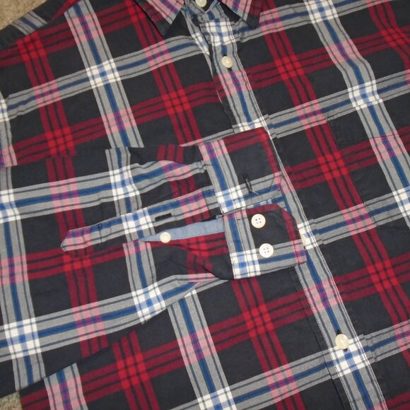 Retro Vintage Nautica Red Plaid Button Down Flannel Shirt Collared - Picture 6 of 9